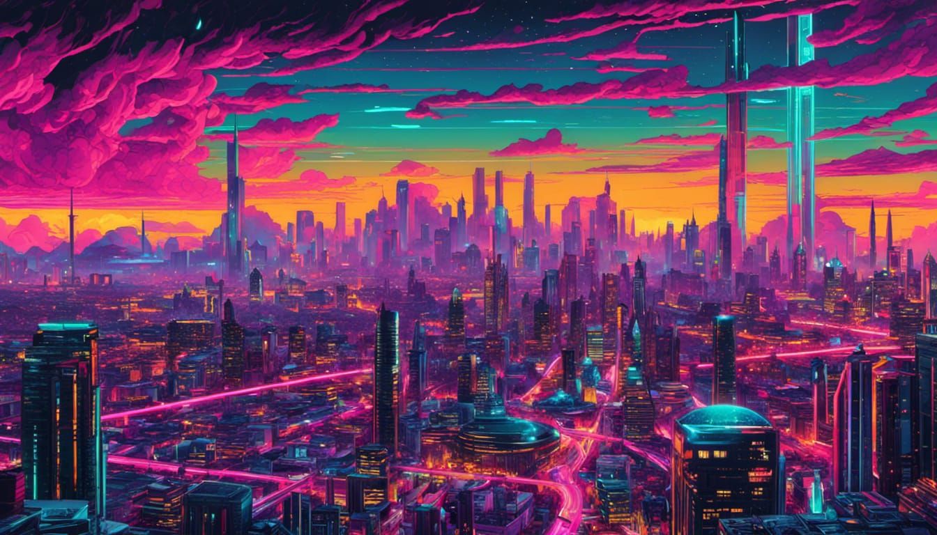Luminescent City in Field: Synthwave Futurism