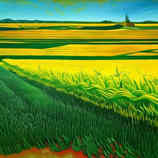 Cornfields by Riverbank: A Surreal Impasto Painting