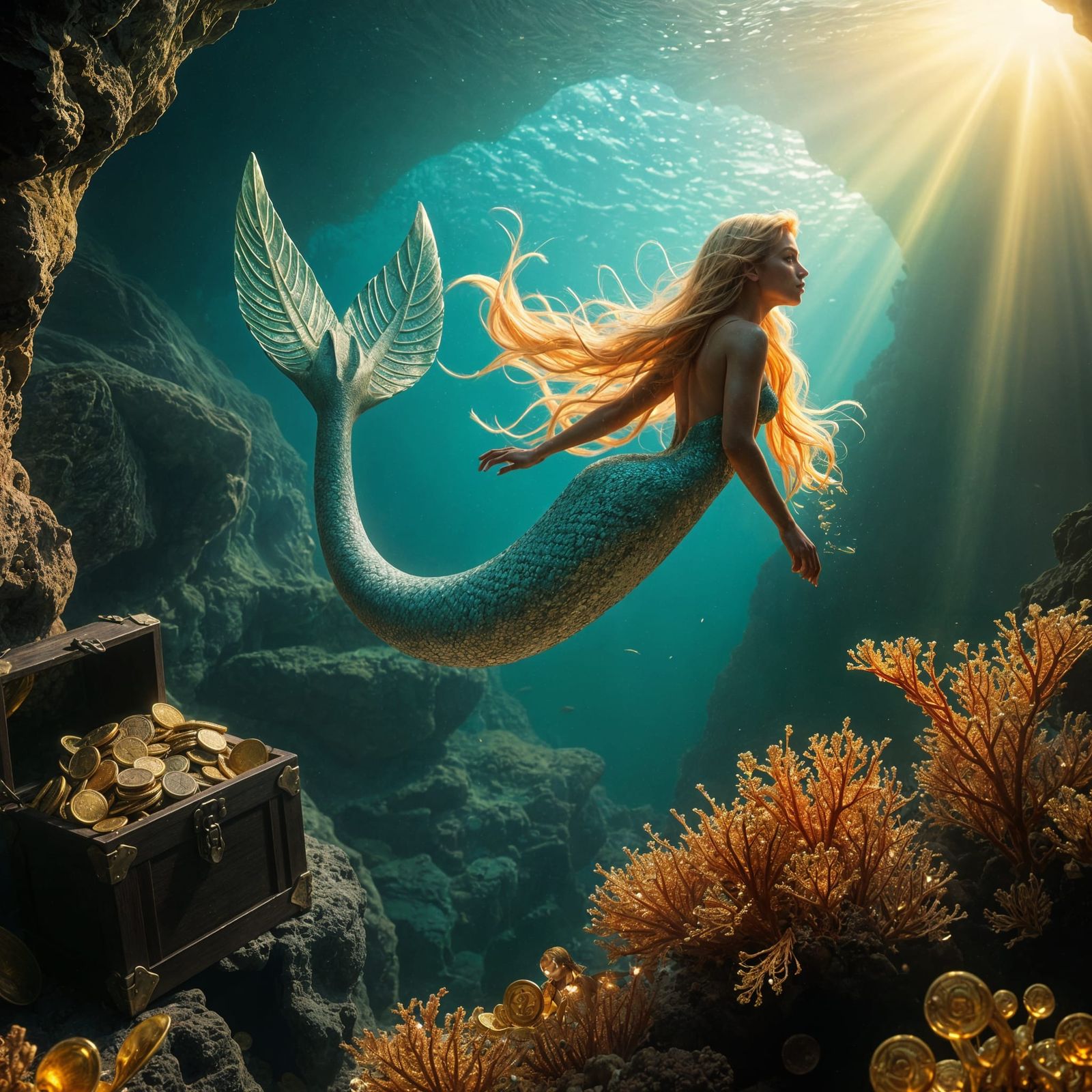 Realistic Mermaid in Iridescent Tail, Treasure Chests, and G...