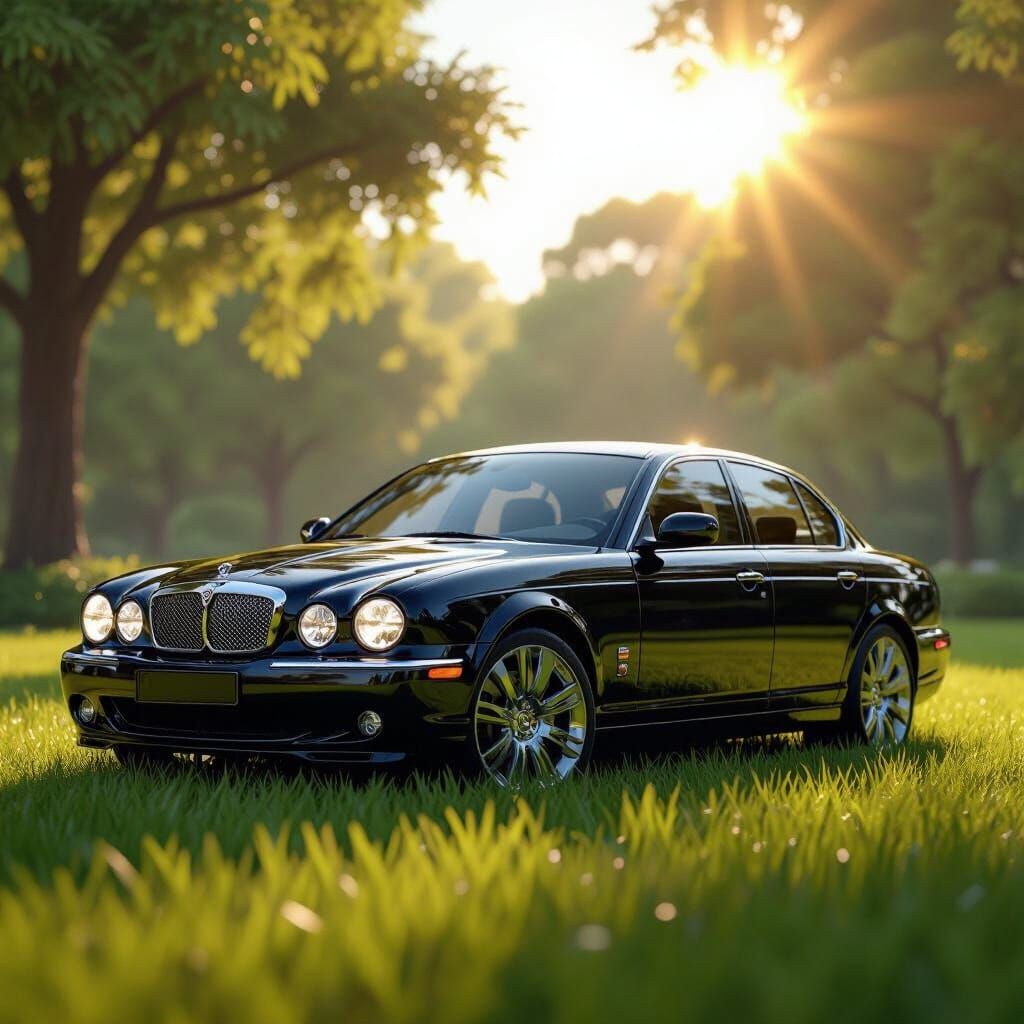 Gleaming Black Jaguar XJR on Grass with Glowing Logo