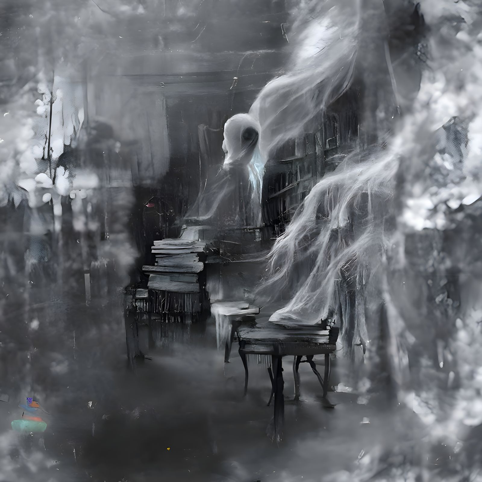 Ethereal Ghost in Victorian Library: Vintage Photography