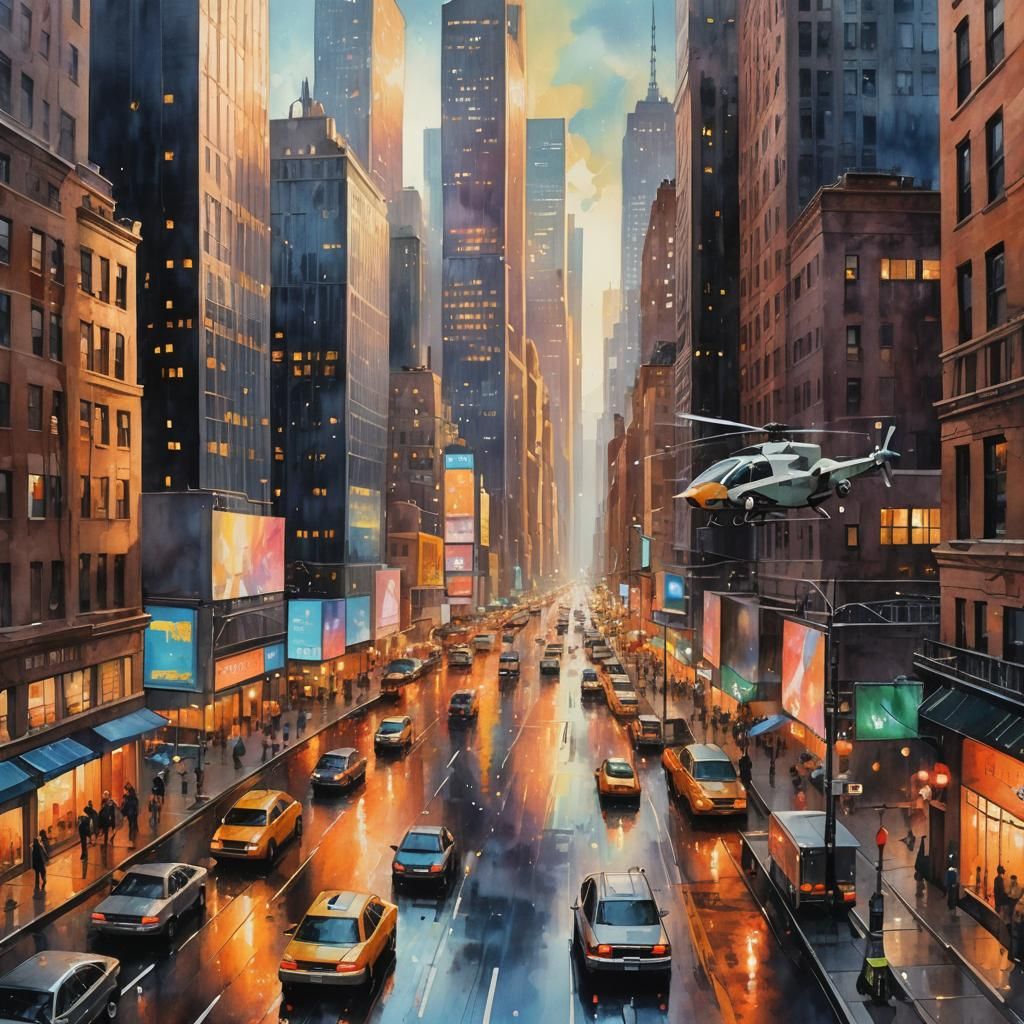 Futuristic New York Cityscape in Watercolor Style