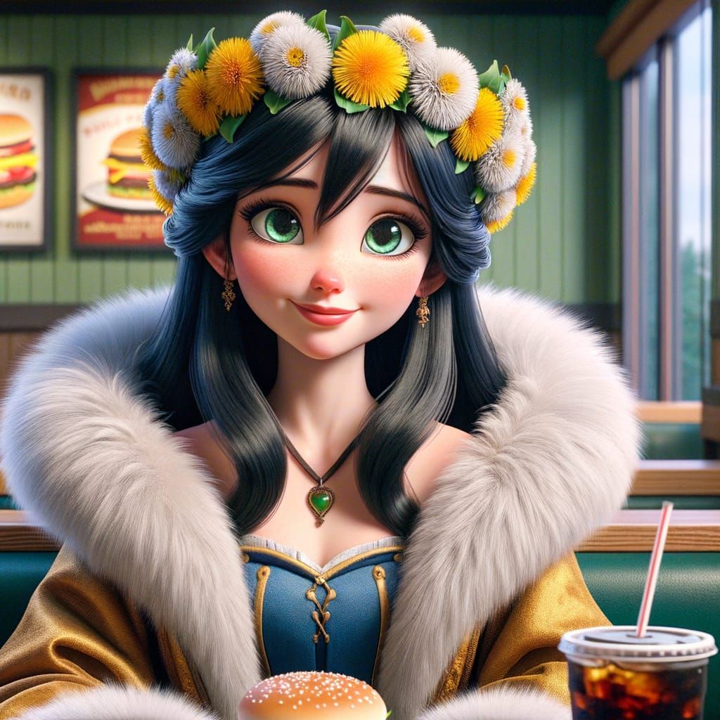 Classically Animated Young Lady Sips Cola in a Fast Food Set...