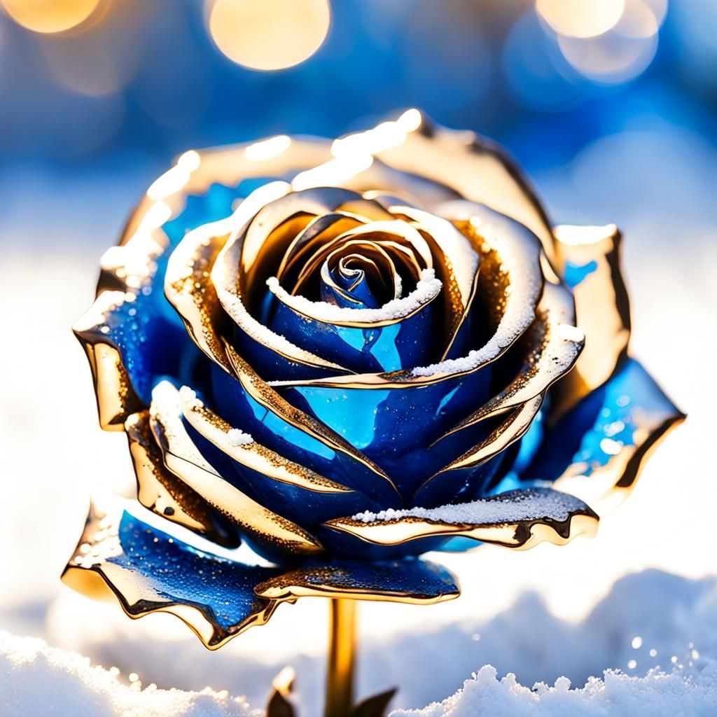 A blue rose  in the middle of a snow field