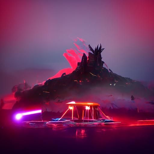 Mystical Floating Lava Island in Cyberpunk Style