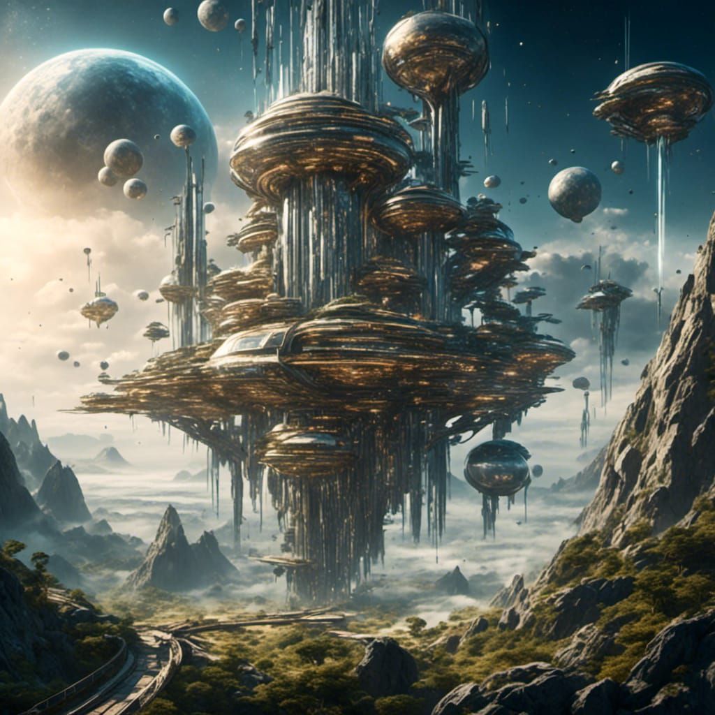 Futuristic Space Elevator Ascends Above Distant Planet