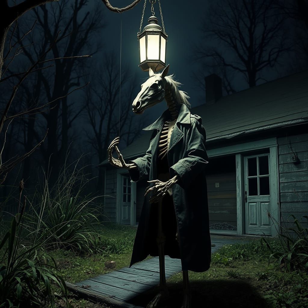 Midnight Skeleton Dances with Macabre Marionette in Overgrow...