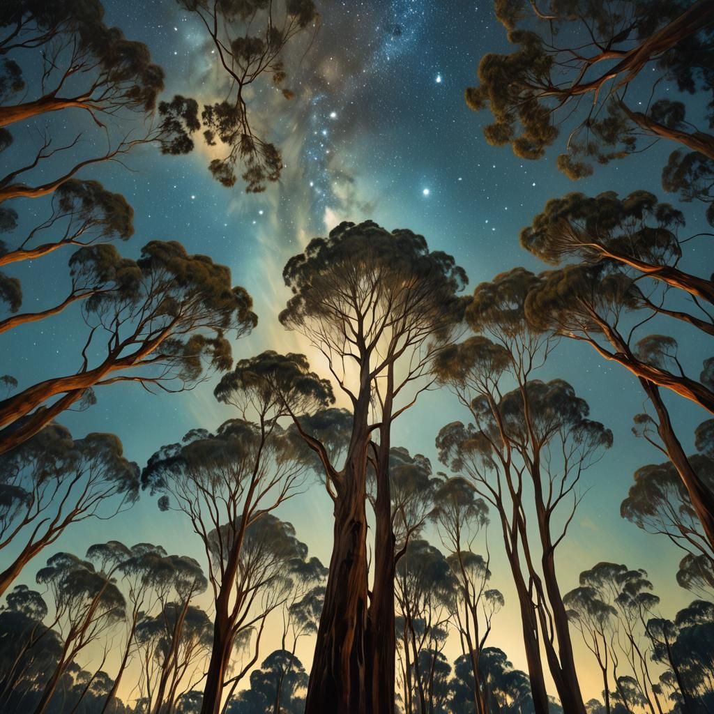 Eucalyptus Trees Under Starry Night Sky Painting