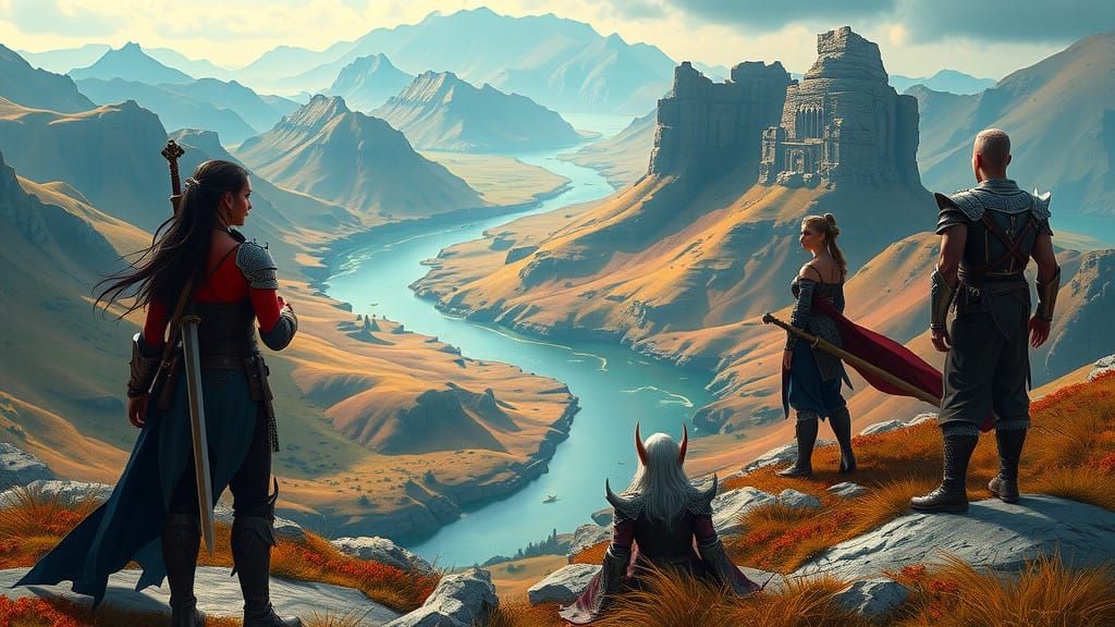 Mystical Adventurers Stand Vigilant on Windswept Hill