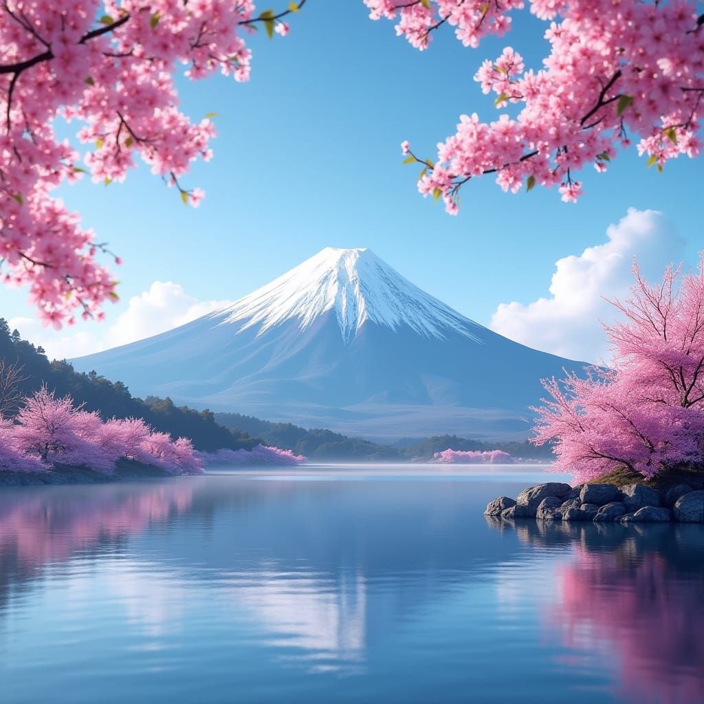 Snow-Capped Mount Fuji under Vibrant Cherry Blossoms in Japa...