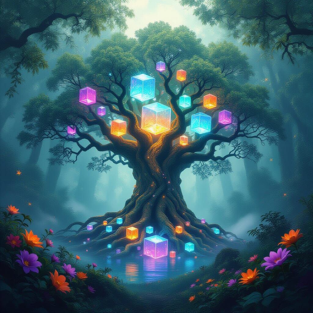 Bioluminescent Tree in Fantasy Forest Illustration