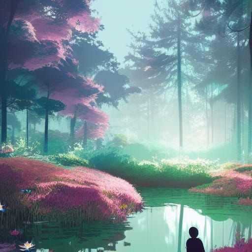 Enchanting Evergreen Forest Landscape in Ghibli Style