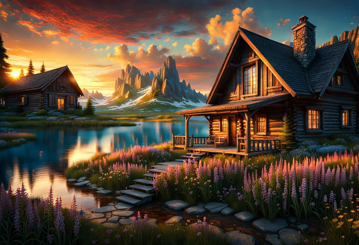Surreal Summer Landscape with Cozy Cabin and Wildflowers und...