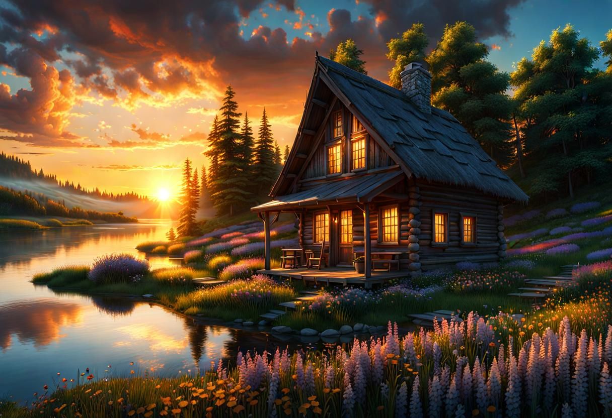 Summer Landscape with Cabin, Wildflowers, and Sunset