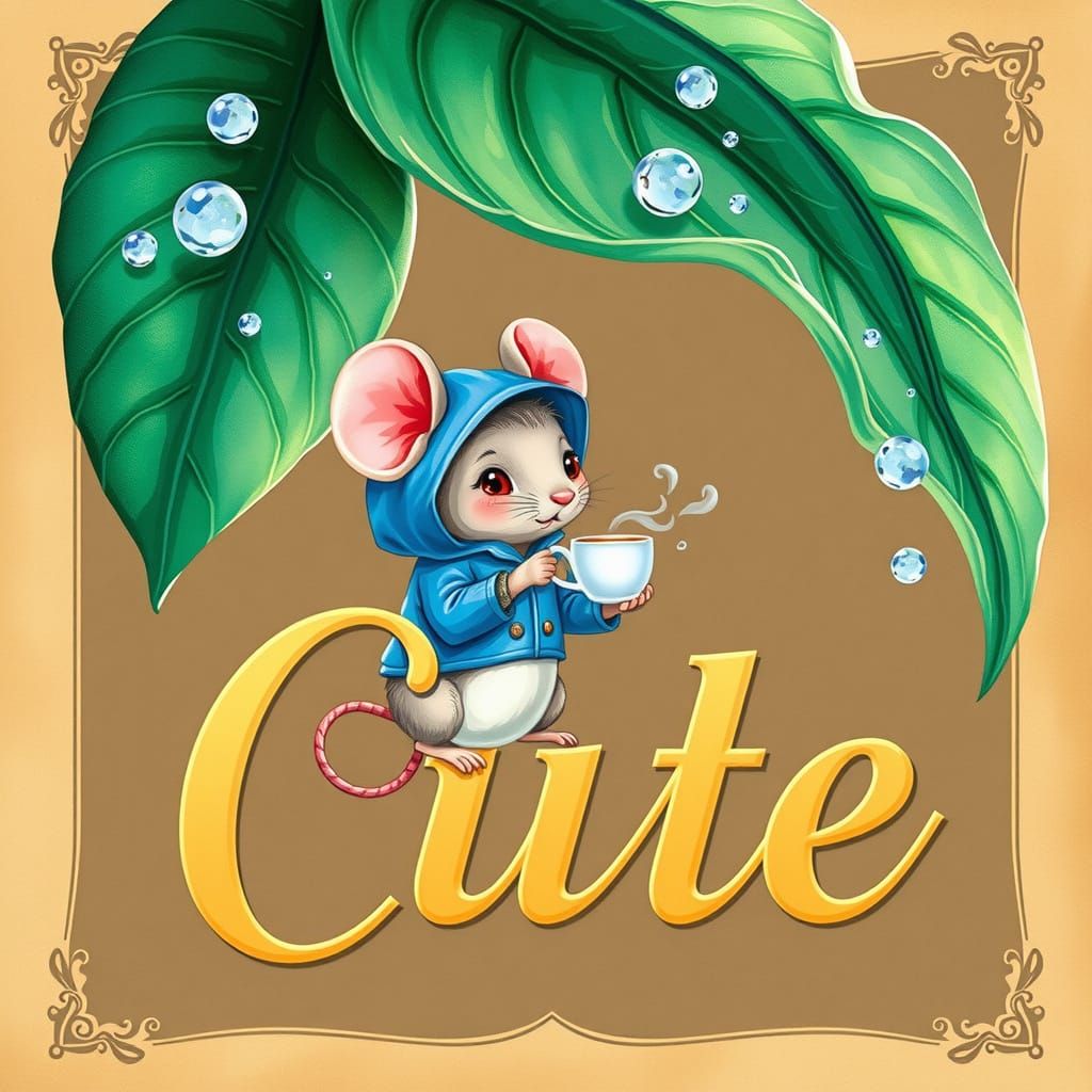 Mouse in Blue Rain Gear Sipping Tea