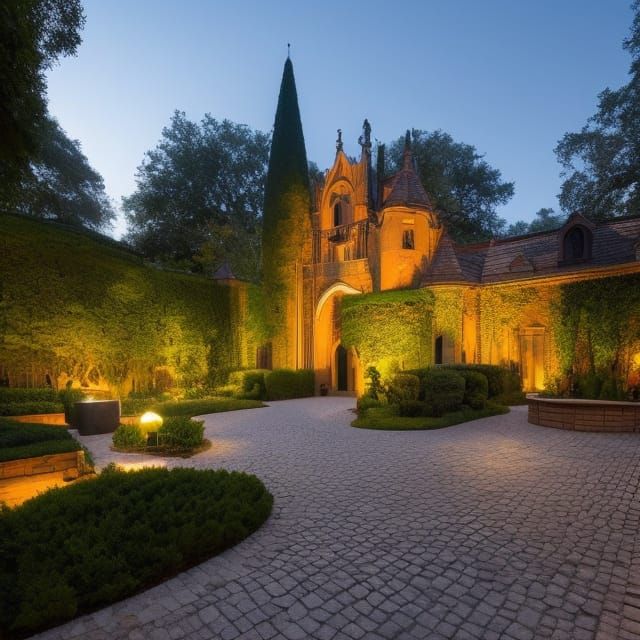 Garden Sunrise with Gothic Arches, Digital Painting