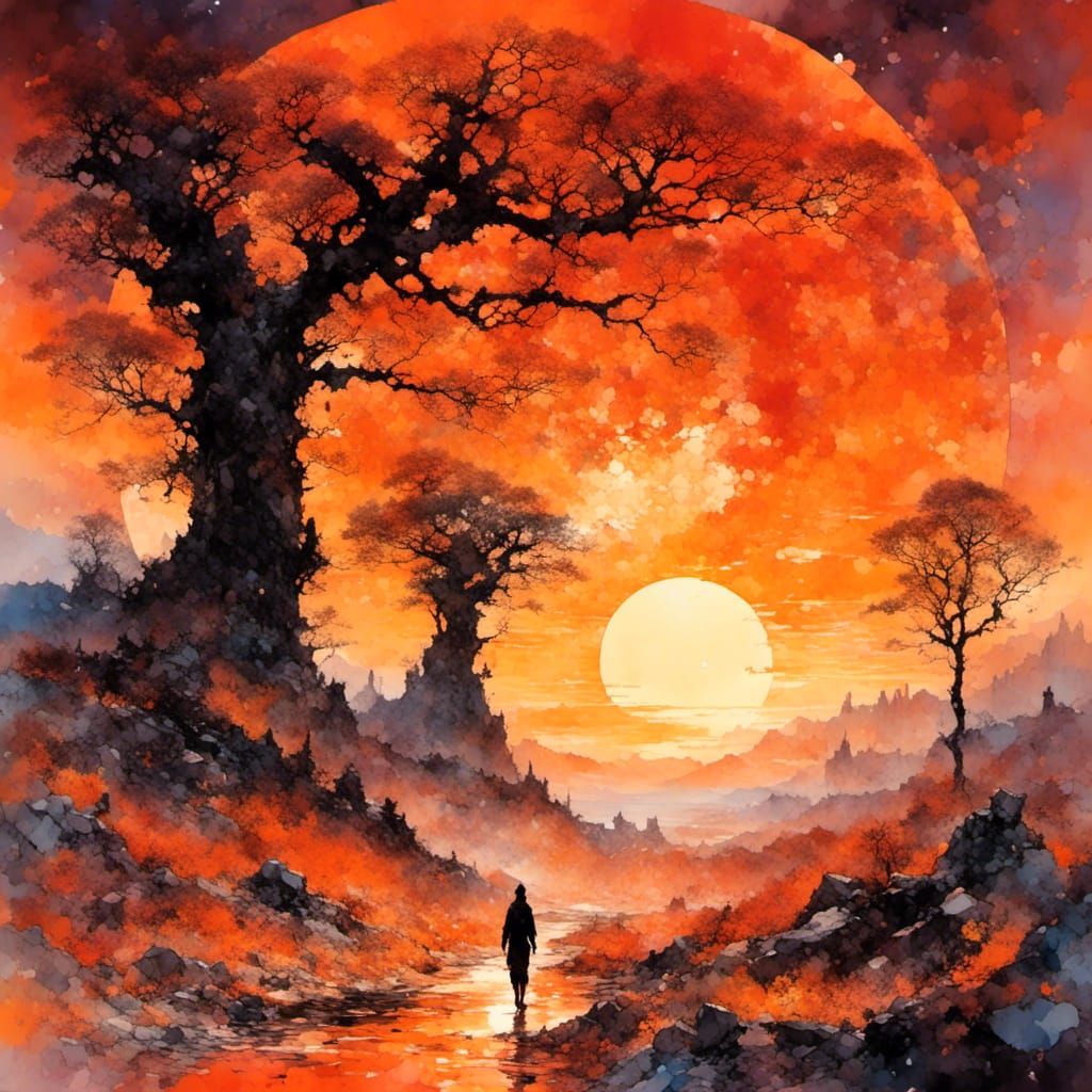 Silhouette Walker in Fiery Sunset Landscape