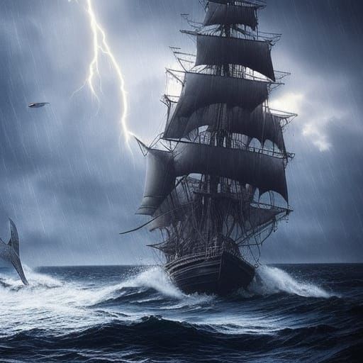 Sailing Ship in Epic Storm with Lightning