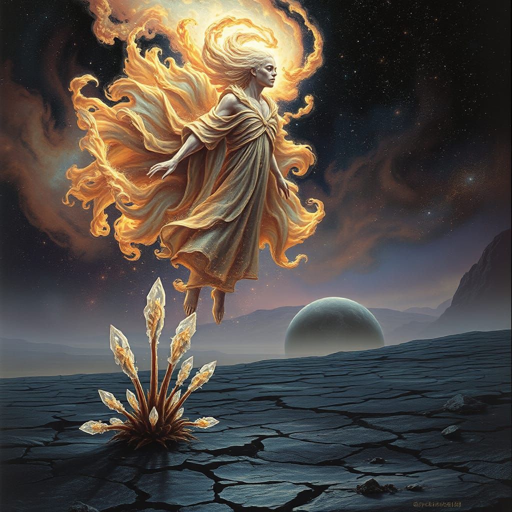 Cosmic Being Descends on Alien World in Surreal Style