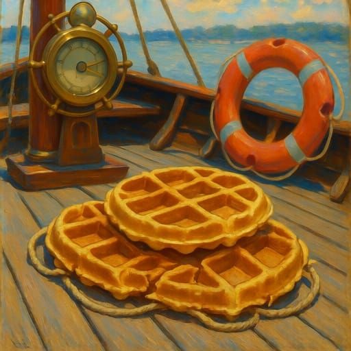 Golden Waffles on a Boat Deck in Impressionist Style