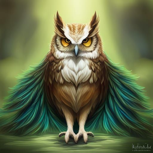Owl hybrid with Peacock highly detailed highly proportioned,symmetrica, vibrant colours, beautiful and enchanting, 8k re...