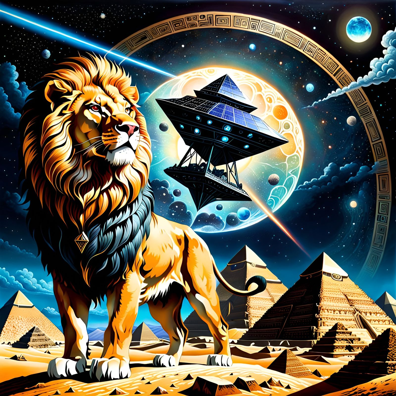 Surreal Lion at Pyramids with UFOs in Pen and Ink