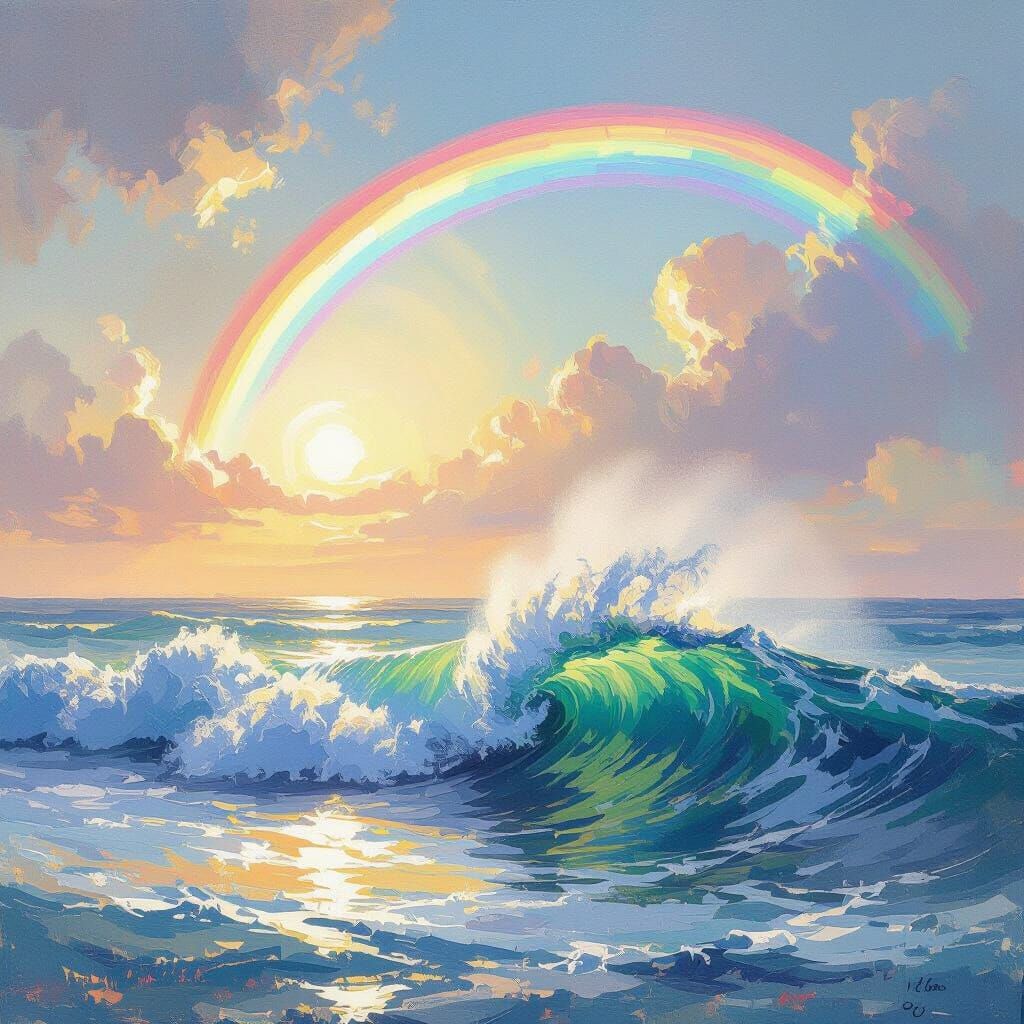 Impressionistic Rainbow Over Sunlit Seascape with Wave