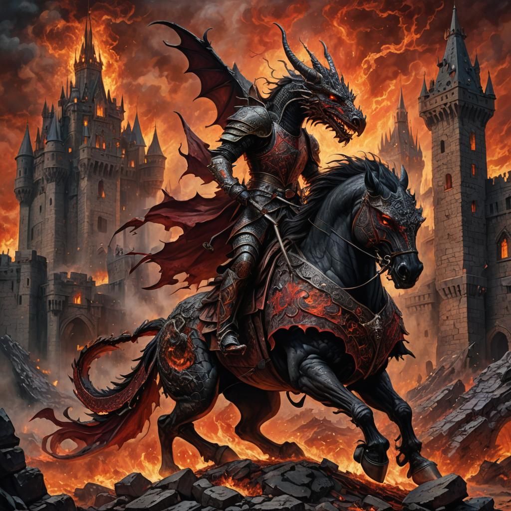 Epic Knight on Steed Before Burning Castle