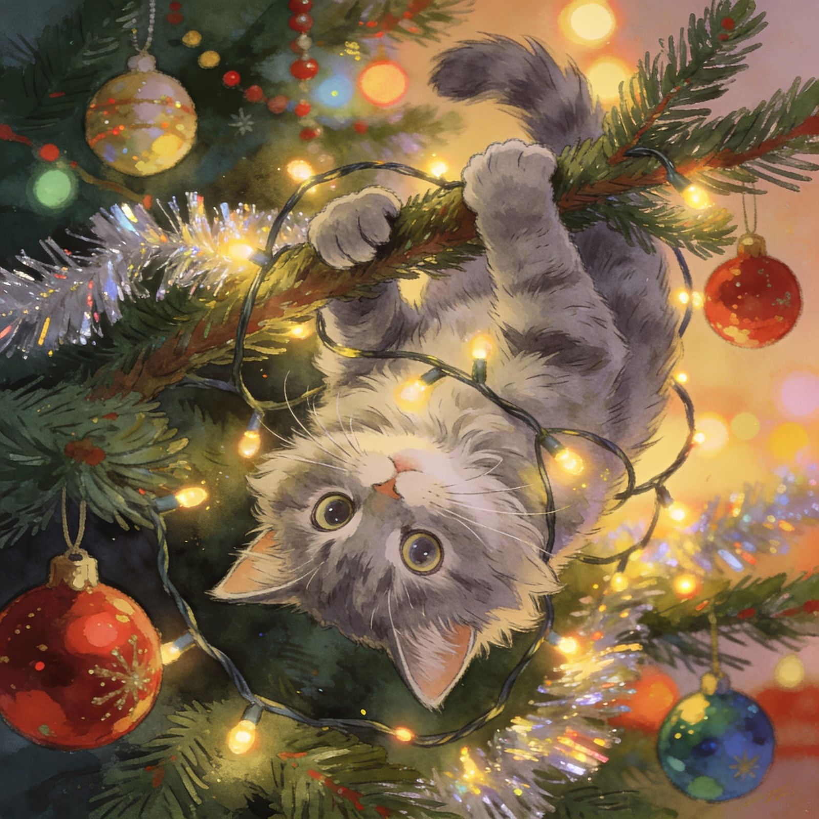 Mischievous Cat Tangled in Christmas Tree Lights