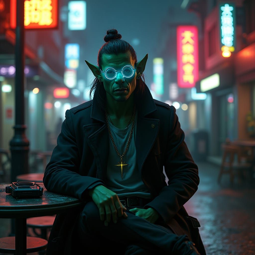Cyberpunk Orc Man Contemplates the Night in a Gritty Futuris...