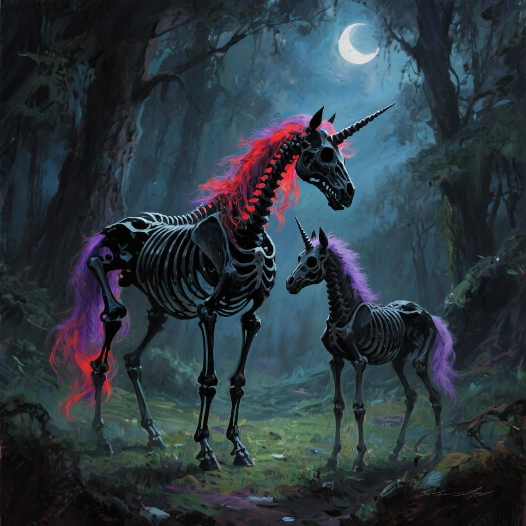 Skeleton Unicorns in Moonlit Forest