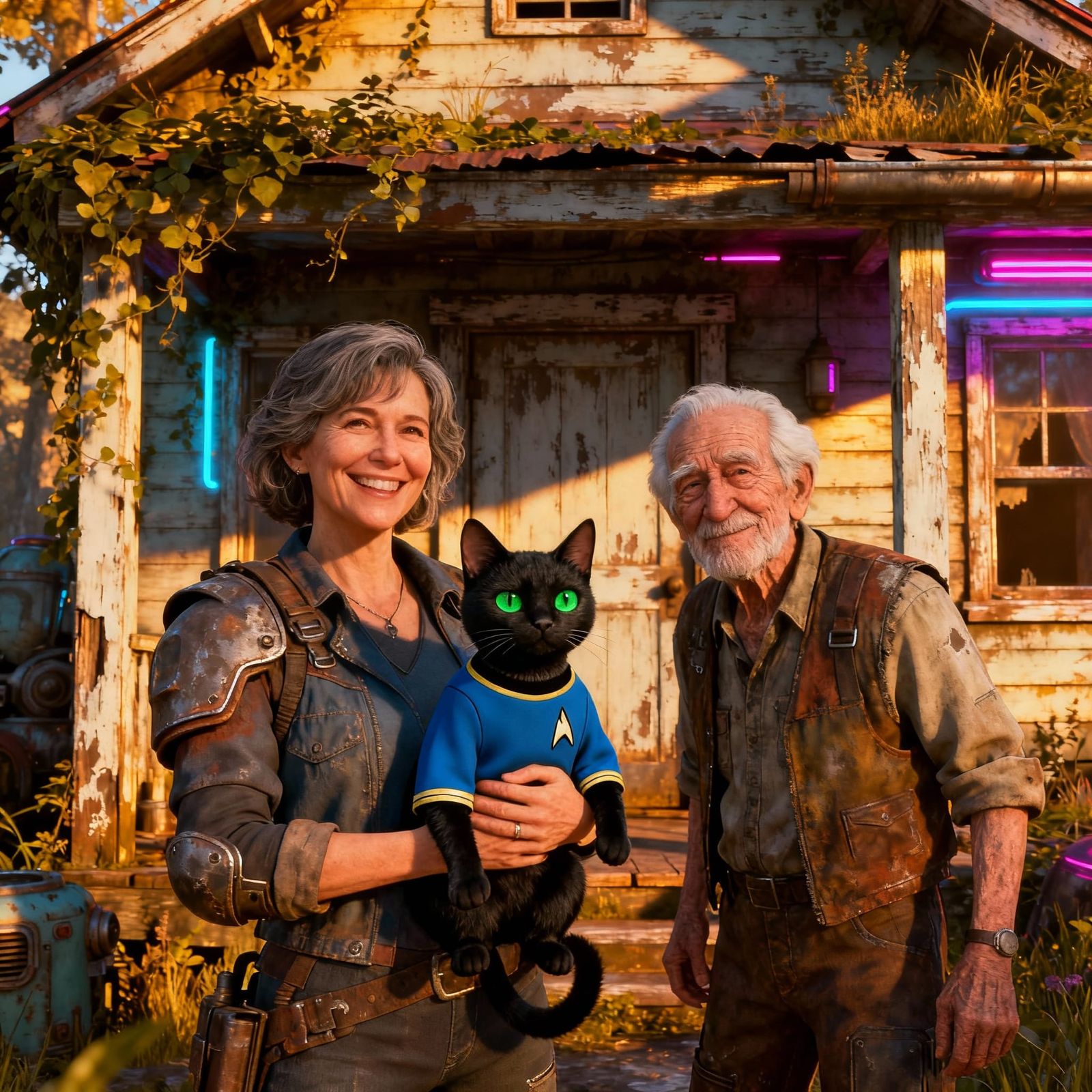 A happy mature woman with a 90-something father outside a small cozy cabin in the style of Fallout 76 Video Game. She is...