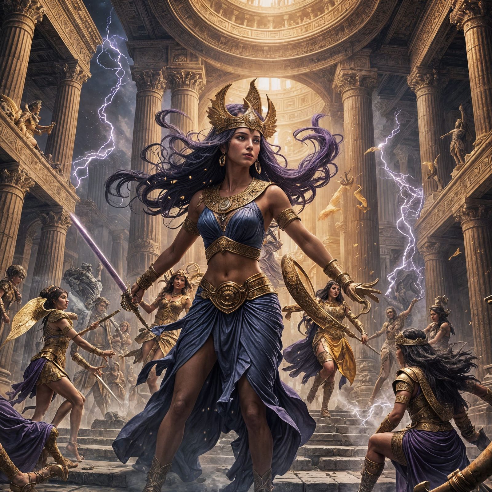 Epic Battle of Gods and Goddesses in Dark Fantasy Art