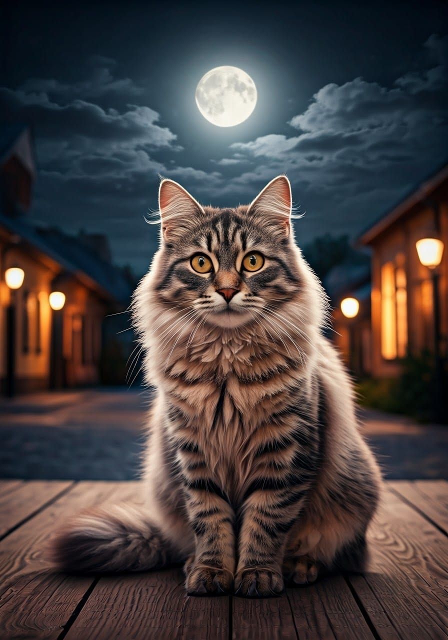 Photorealistic Cat in Moonlit Summer Evening