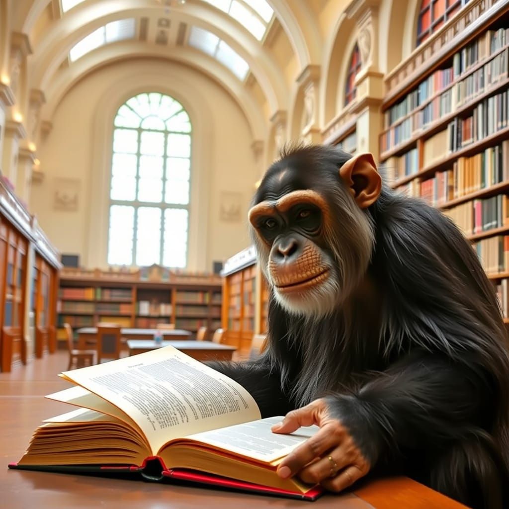 Chimpanzee Reading Book in Historic Klementinum Library