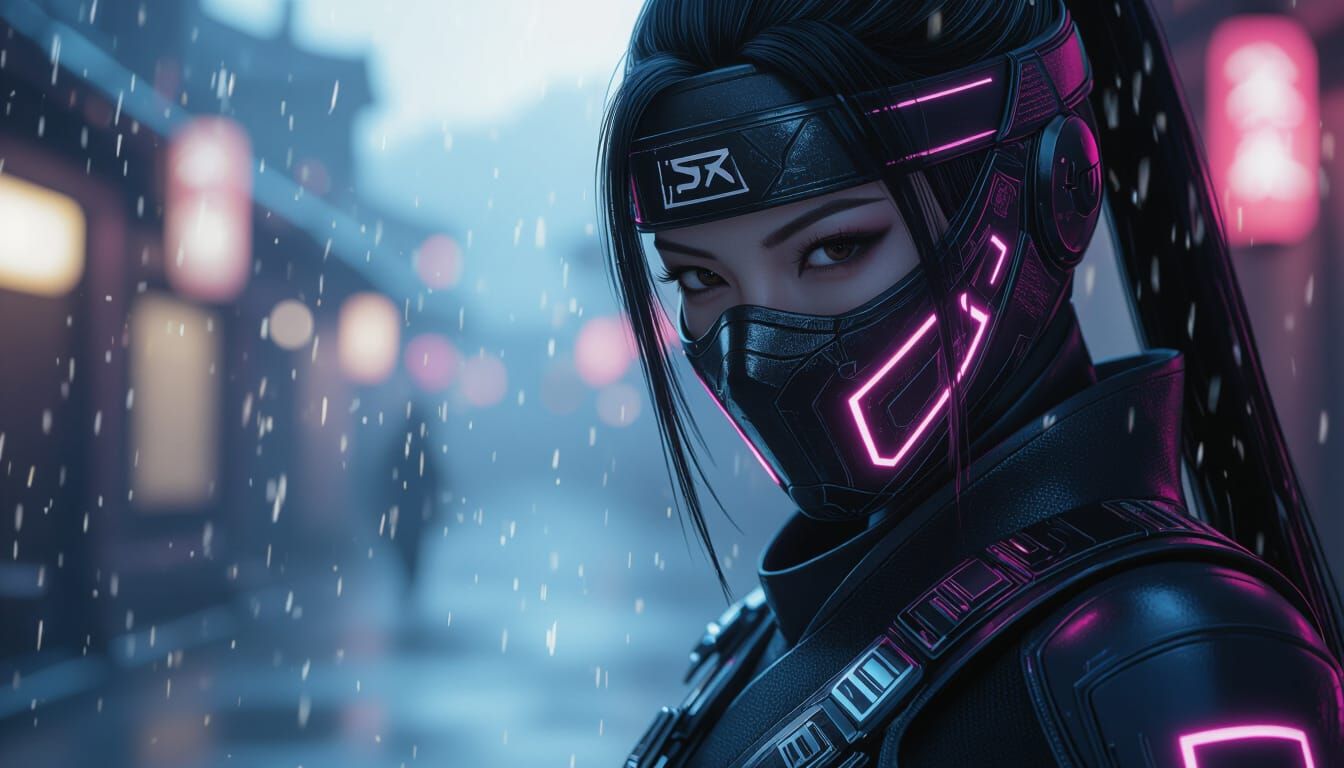 Futuristic Ninja with Neon Details in Cyberpunk Style