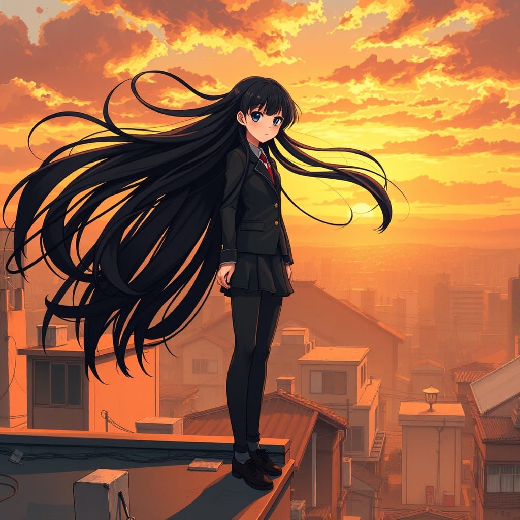 Anime Girl on Rooftop in Ghibli Style