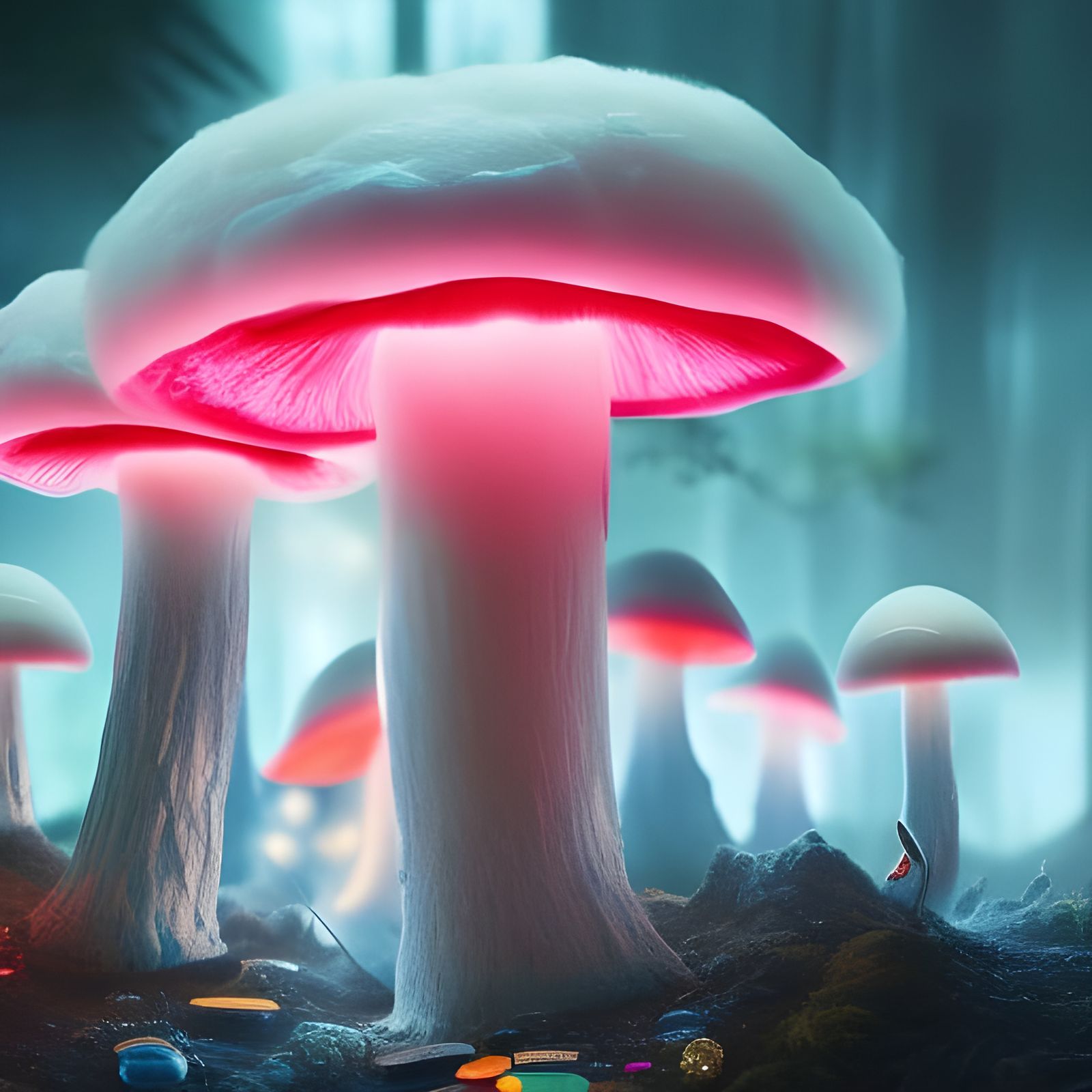 Illuminated Candy Cotton Mushrooms: Digital Matte Painting