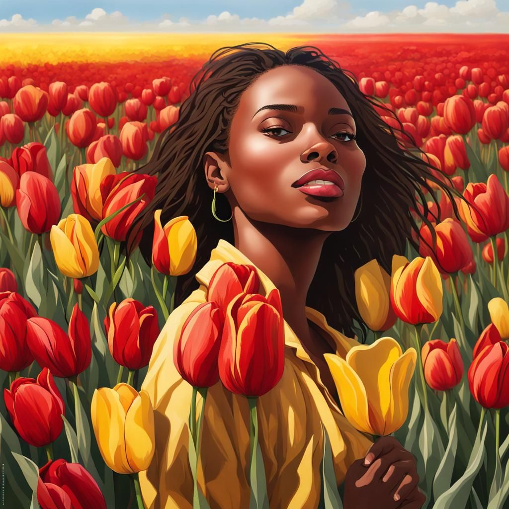 Tulip Field with Girl and Bouquet