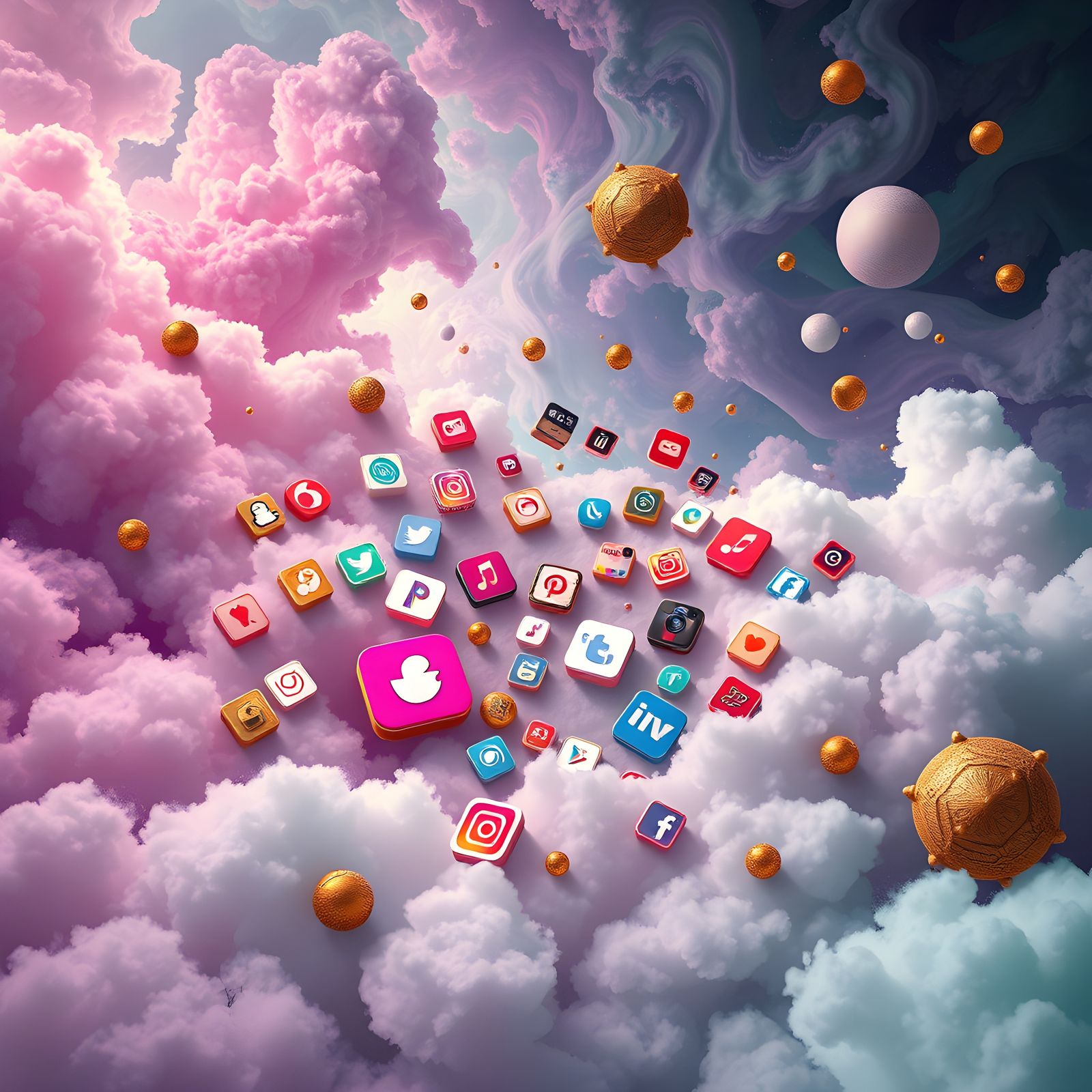 Media Icons in Surreal Sci-Fi Landscape