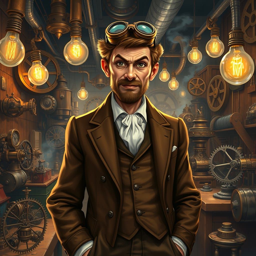 Steampunk Inventor in Workshop: Painterly Style