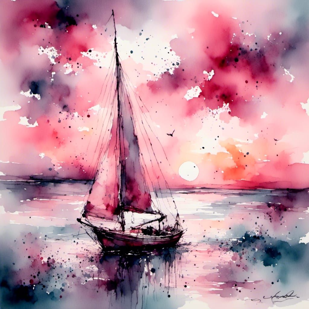 Sailboat at Sunset: Abstract Pink Ocean Scene