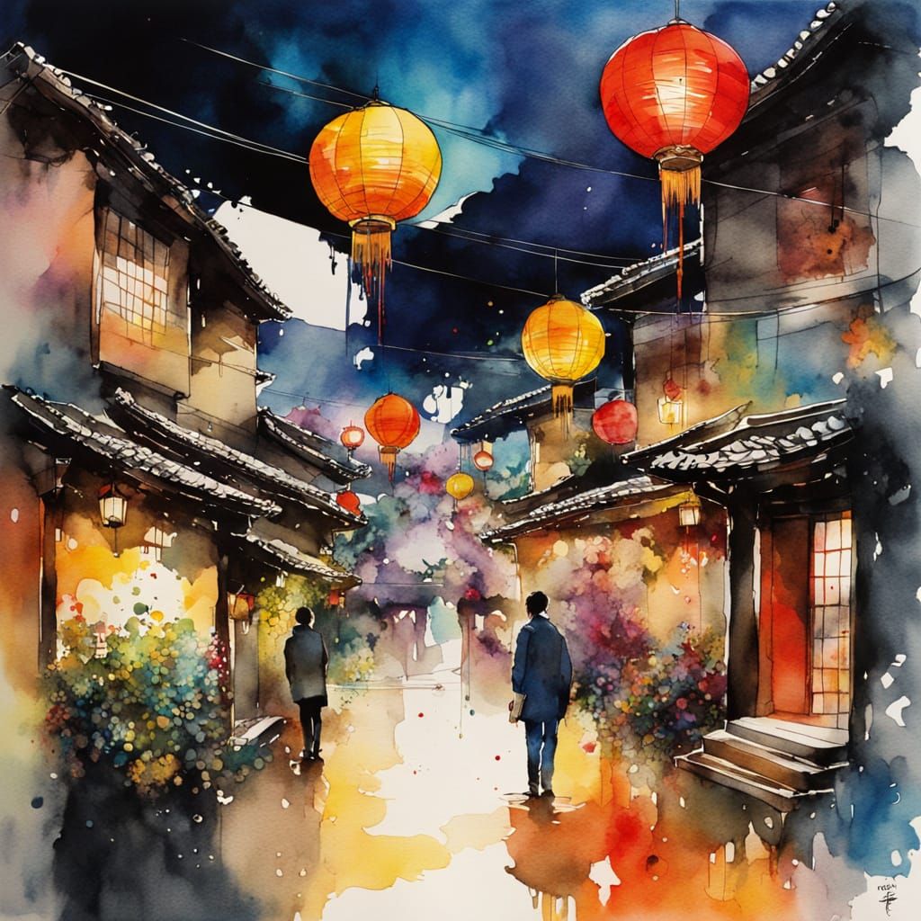Surreal Asian Street in Vibrant Watercolor Style