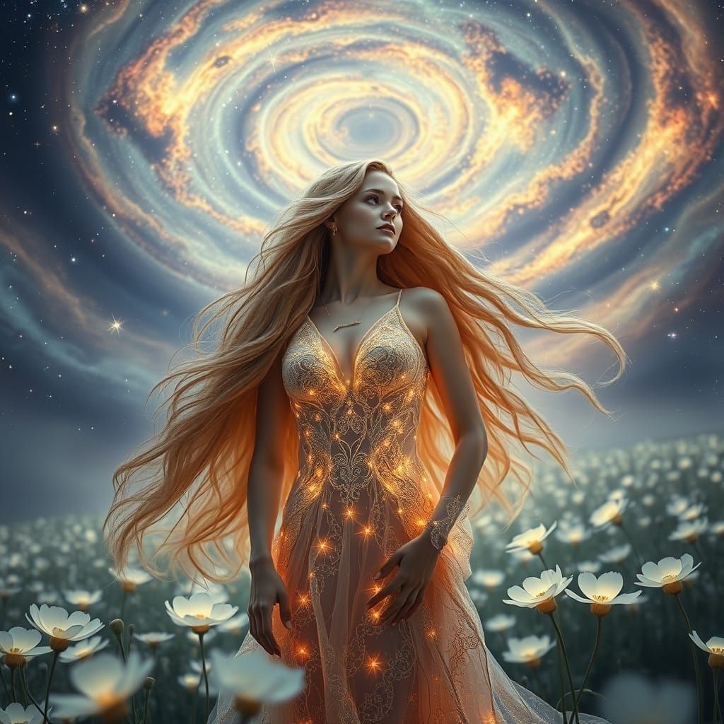 Woman in Starlight Gown Among Lunar Flowers