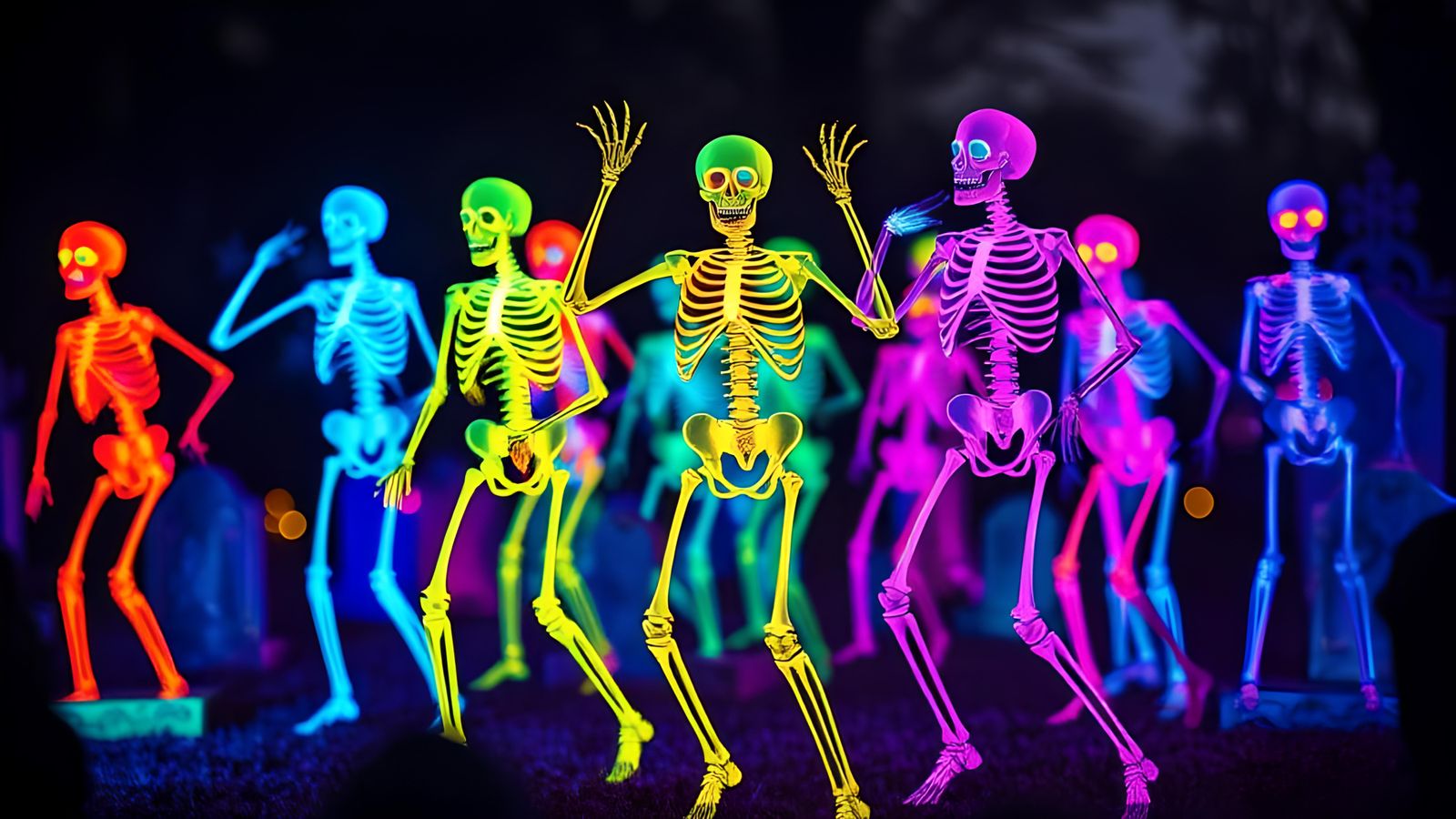Fluorescent Skeletons Dancing in a Cemetery