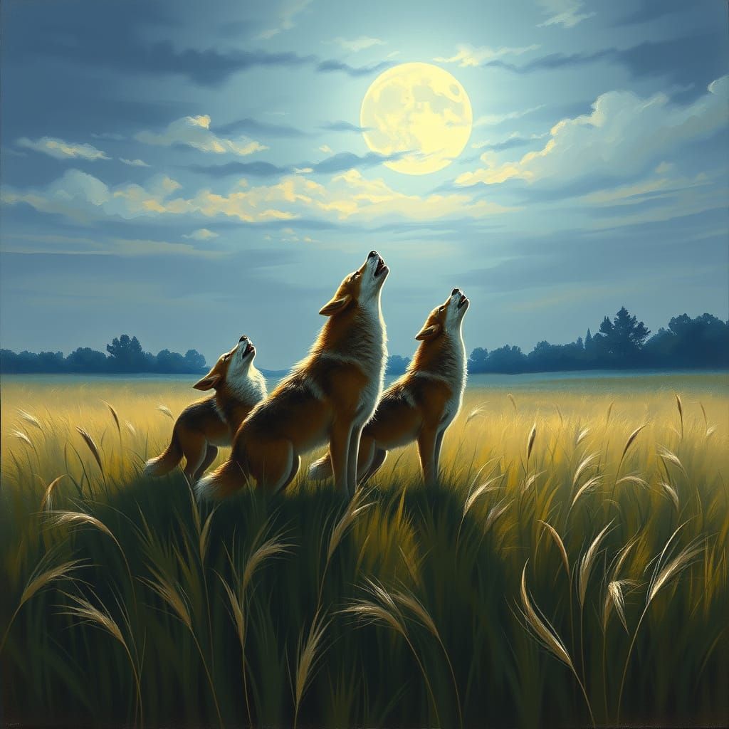 A moonlit prairie with the wind rippling through the grass. Three adult coyotes howl, backlit by the moon. Thomas Kinkad...