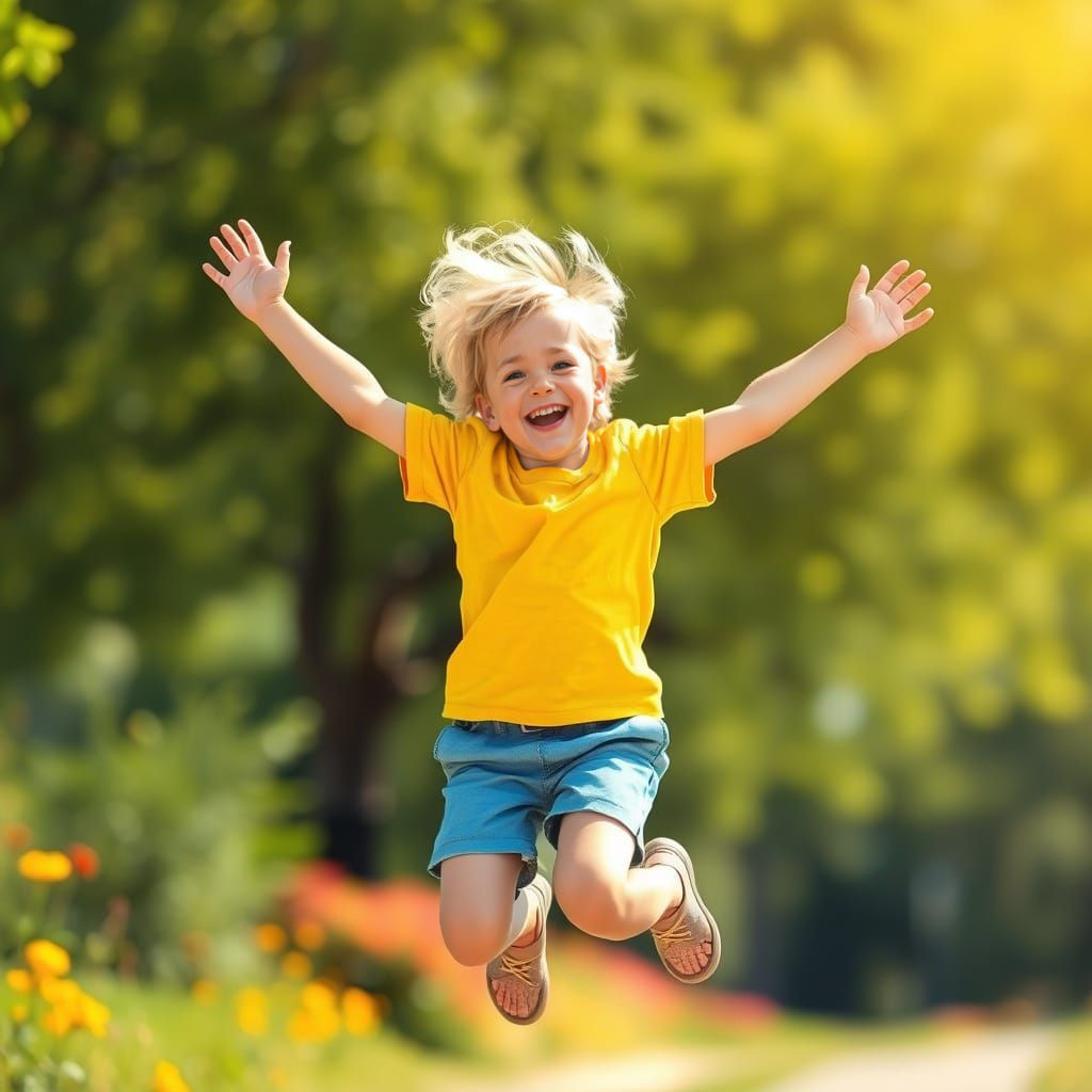 Little Boy's Joyful Leap in Vibrant Bokeh