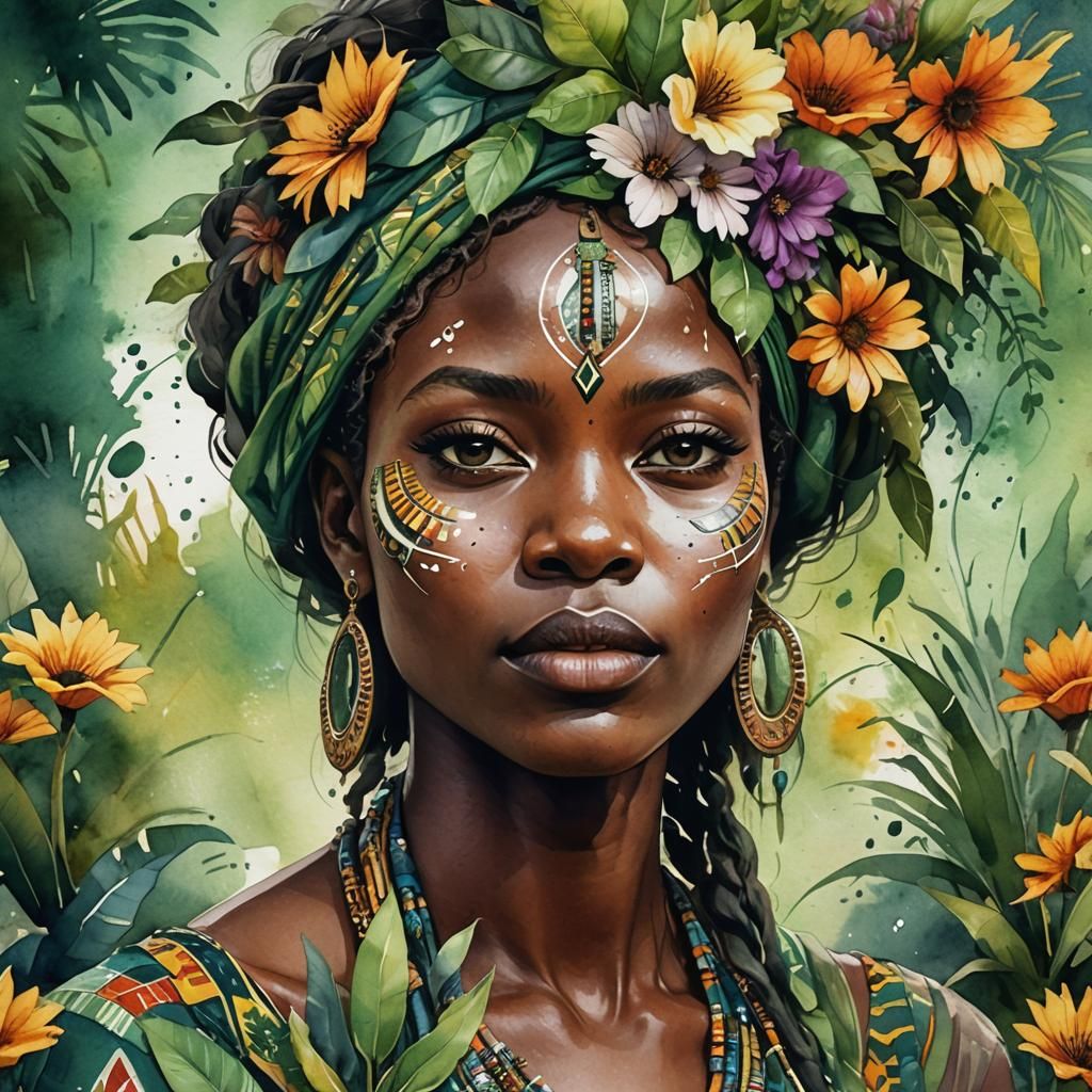 Joyful African Portrait in Watercolor with Green Shades