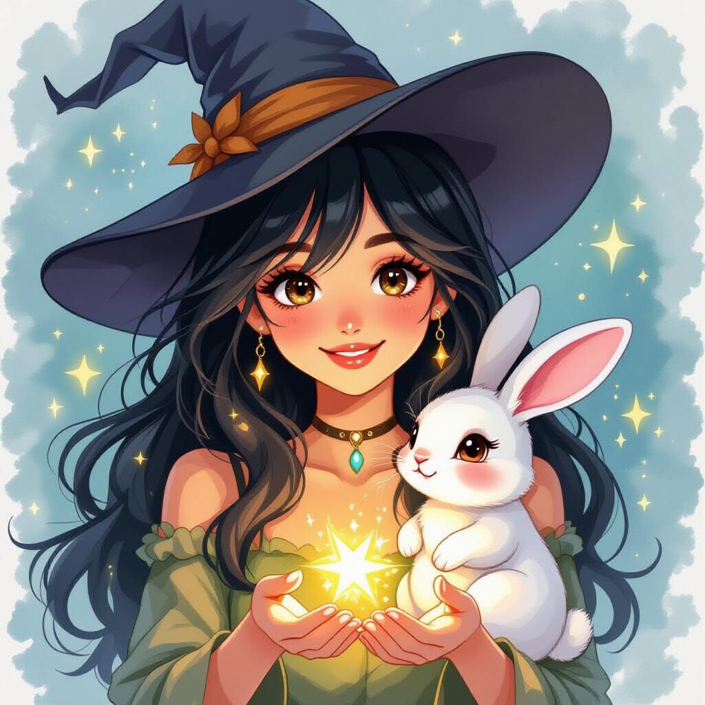 Summer Witch and Bunny Creating Magic in Alcohol Ink Style