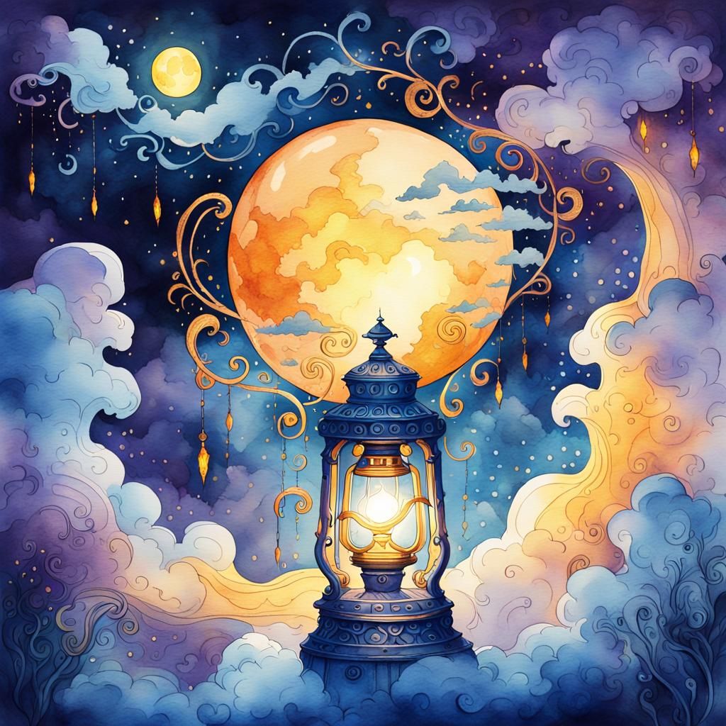 Moonlit Storm Lamp in Watercolor Fantasy Art